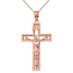 10k Gold INRI Crucifix Cross Catholic Jesus Pendant Necklace 1.36"