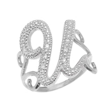 Load image into Gallery viewer, Modern Cursive Letter Cubic Zirconia Initial Rings A-Z in Sterling Silver - solid gold, solid gold jewelry, handmade solid gold jewelry, handmade jewelry, handmade designer jewelry, solid gold handmade designer jewelry, chic jewelry, trendy jewelry, trending jewelry, jewelry that&#39;s trending, handmade chic jewelry, handmade trendy jewelry, mod-chic jewelry, handmade mod-chic jewelry, designer jewelry, chic designer jewelry, handmade designer, affordable jewelry