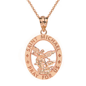 Saint Michael Pray for Us Oval Charm Pendant and Necklace in Gold