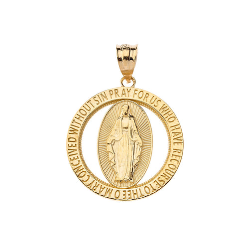 Saint Mary Pray Us Round Charm Pendant Necklace in Gold