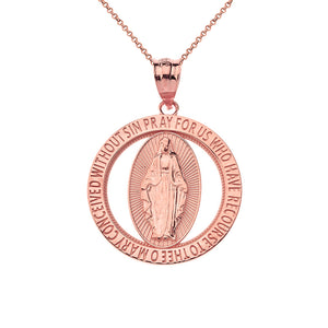 Saint Mary Pray Us Round Charm Pendant Necklace in Gold