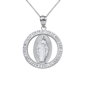 Saint Mary Pray Us Round Charm Pendant and Necklace in Sterling Silver