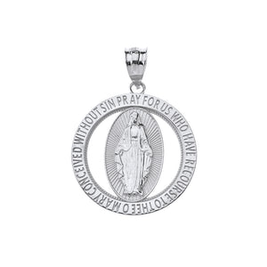 Saint Mary Pray Us Round Charm Pendant and Necklace in Sterling Silver