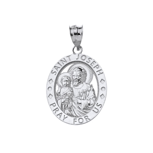 Saint Joseph Pray For Us Oval Charm Pendant Necklace in Sterling Silver