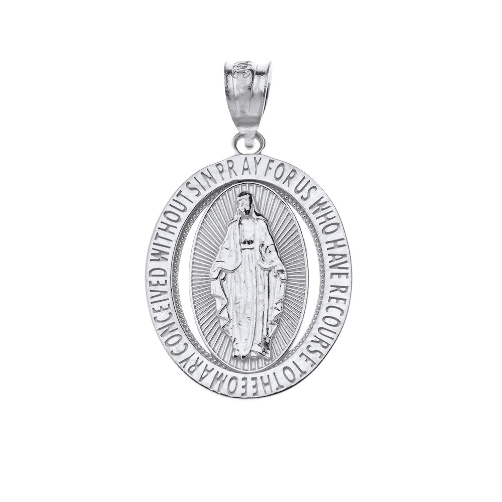 Saint Mary Pray Us Oval Charm Pendant and Necklace in Sterling Silver