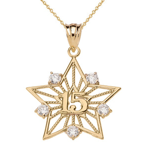 Filigree Star Design 15 Anos Quinceanera Pendant Necklace in Two-Tone Gold - solid gold, solid gold jewelry, handmade solid gold jewelry, handmade jewelry, handmade designer jewelry, solid gold handmade designer jewelry, chic jewelry, trendy jewelry, trending jewelry, jewelry that's trending, handmade chic jewelry, handmade trendy jewelry, mod-chic jewelry, handmade mod-chic jewelry, designer jewelry, chic designer jewelry, handmade designer