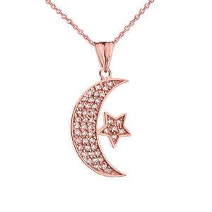 CaliRoseJewelry 10k Gold Crescent Moon and Star Symbol Diamond Pendant Necklace