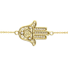 Load image into Gallery viewer, CaliRoseJewelry 14k Gold Sideways Hamsa Hand Heart Cubic Zirconia Link Bracelet