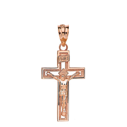 14K Rose Gold INRI Crucifix Cross Catholic Jesus Pendant