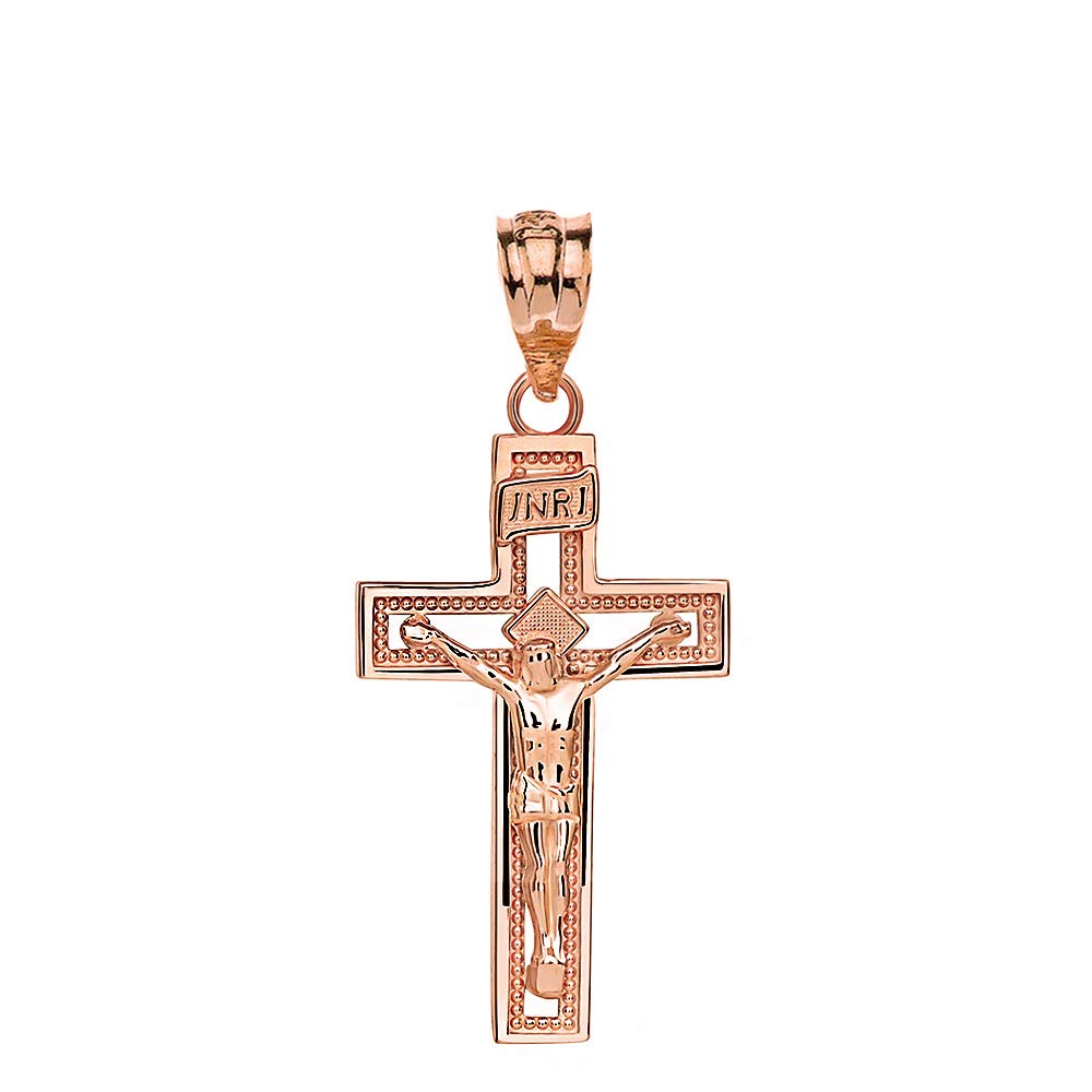 14K Rose Gold INRI Crucifix Cross Catholic Jesus Pendant