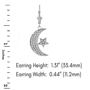 14k Gold Crescent Moon and Star Symbol Cubic Zirconia Earrings