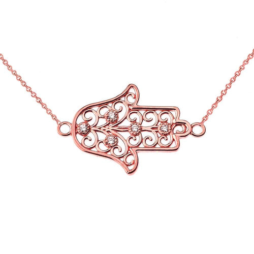 CaliRoseJewelry 14k Gold Sideways Hamsa Hand Diamond Pendant Necklace
