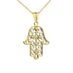 CaliRoseJewelry 10k Gold Hamsa Hand Heart Diamond Charm Pendant Necklace