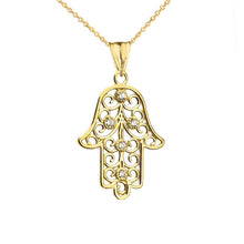 Load image into Gallery viewer, CaliRoseJewelry 14k Yellow Gold Hamsa Hand Cubic Zirconia Pendant Necklace and Earrings Set
