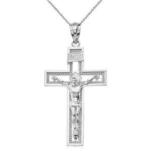 14k Gold INRI Crucifix Cross Catholic Jesus Pendant Necklace 1.36"