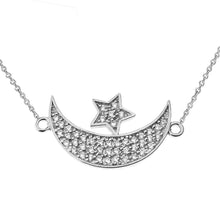 Load image into Gallery viewer, CaliRoseJewelry 14k Gold Sideways Crescent Moon and Star Symbol Diamond Pendant Necklace