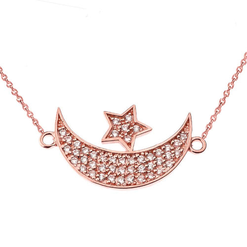 CaliRoseJewelry 14k Gold Sideways Crescent Moon and Star Symbol Cubic Zirconia Pendant Necklace