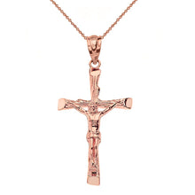Load image into Gallery viewer, CaliRoseJewelry 14k Rose Gold Jesus on The Cross Crucifix Textured Pendant Necklace