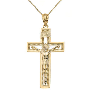 14k Yellow Gold INRI Crucifix Cross Catholic Jesus Pendant Necklace
