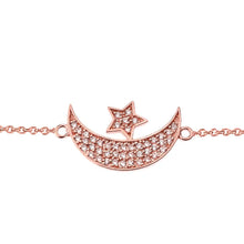 Load image into Gallery viewer, CaliRoseJewelry 14k Gold Sideways Crescent Moon and Star Symbol Diamond Link Bracelet