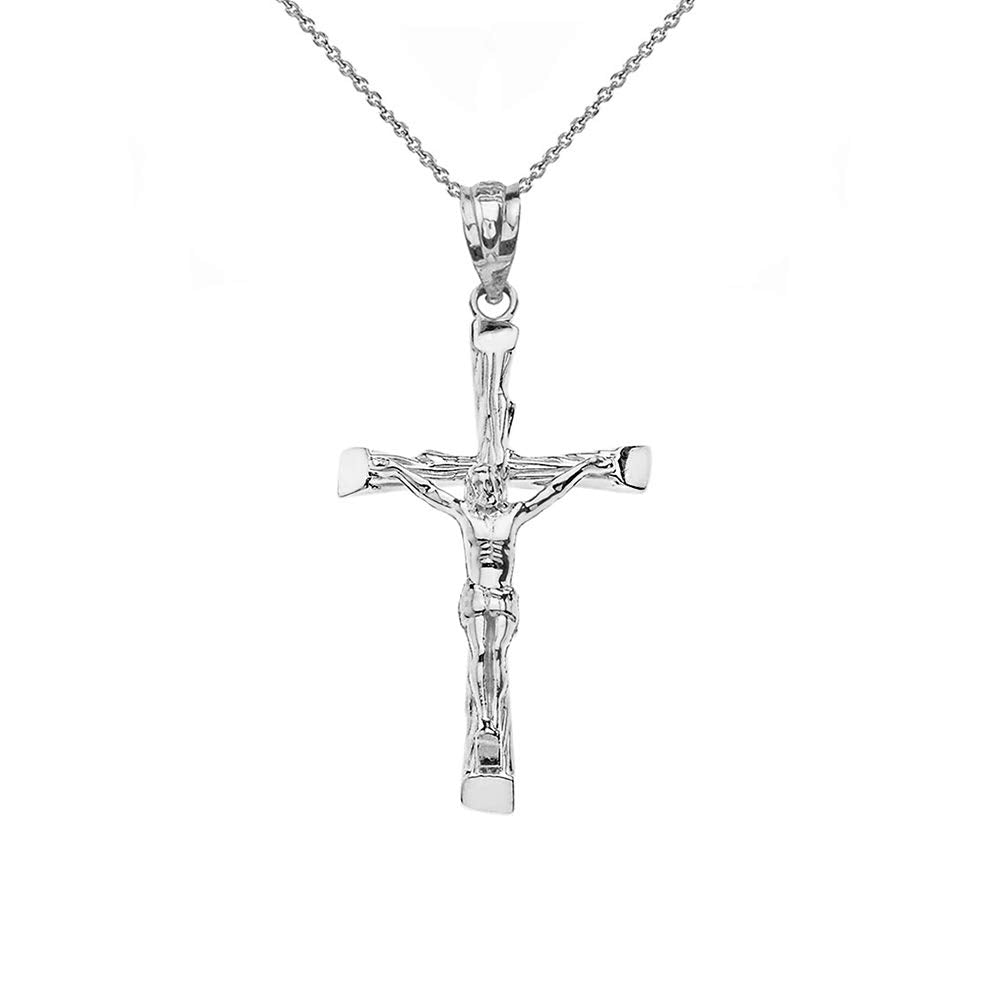 CaliRoseJewelry 14k White Gold Jesus on The Cross Crucifix Textured Pendant Necklace