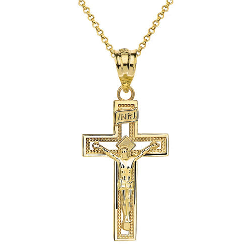10k Yellow Gold INRI Crucifix Cross Catholic Jesus Pendant Necklace