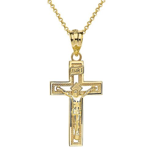 14k Yellow Gold INRI Crucifix Cross Catholic Jesus Pendant Necklace