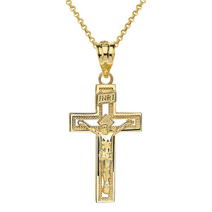 14k Gold INRI Crucifix Cross Catholic Jesus Pendant Necklace 1.12"