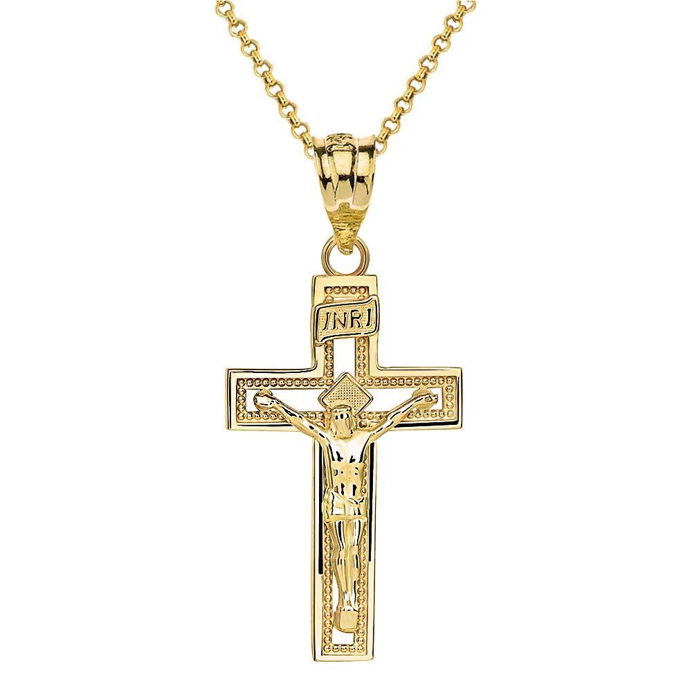 14k Gold INRI Crucifix Cross Catholic Jesus Pendant Necklace 1.12