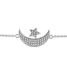 Load image into Gallery viewer, CaliRoseJewelry 14k Gold Sideways Crescent Moon and Star Symbol Cubic Zirconia Link Bracelet