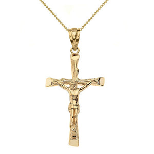 CaliRoseJewelry 10k Yellow Gold Jesus on The Cross Crucifix Textured Pendant Necklace