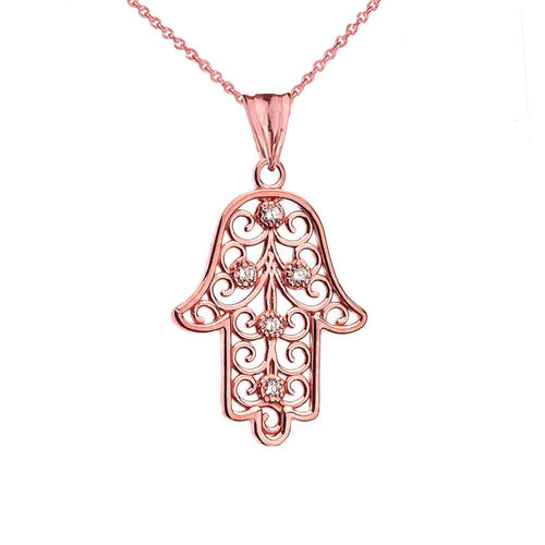 CaliRoseJewelry 10k Gold Hamsa Hand Cubic Zirconia Charm Pendant Necklace