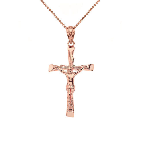 CaliRoseJewelry 10k Rose Gold Jesus on The Cross Crucifix Textured Pendant Necklace