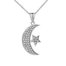 Load image into Gallery viewer, CaliRoseJewelry Sterling Silver Crescent Moon and Star Symbol Cubic Zirconia Pendant Necklace