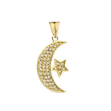 Load image into Gallery viewer, CaliRoseJewelry 10k Gold Crescent Moon and Star Symbol Cubic Zirconia Pendant