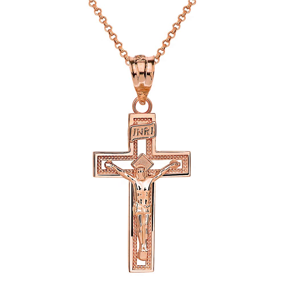 10k Rose Gold INRI Crucifix Cross Catholic Jesus Pendant Necklace