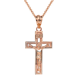 14k Rose Gold INRI Crucifix Cross Catholic Jesus Pendant Necklace