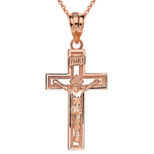 Load image into Gallery viewer, 14k Rose Gold INRI Crucifix Cross Catholic Jesus Pendant Necklace