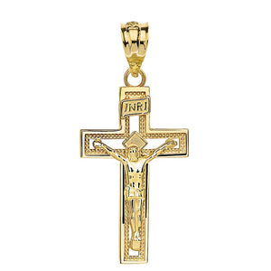 14k Yellow Gold INRI Crucifix Cross Catholic Jesus Pendant
