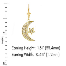 Load image into Gallery viewer, 14k Gold Crescent Moon and Star Symbol Cubic Zirconia Earrings