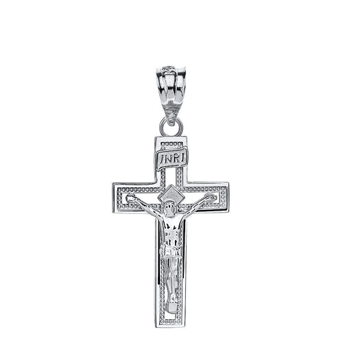 10k White Gold INRI Crucifix Cross Catholic Jesus Pendant