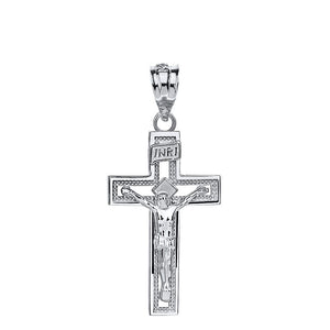 10k White Gold INRI Crucifix Cross Catholic Jesus Pendant