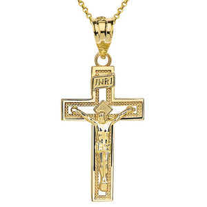 10k Yellow Gold INRI Crucifix Cross Catholic Jesus Pendant Necklace