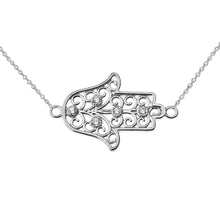 Load image into Gallery viewer, CaliRoseJewelry Sterling Silver Sideways Hamsa Hand Cubic Zirconia Pendant Necklace