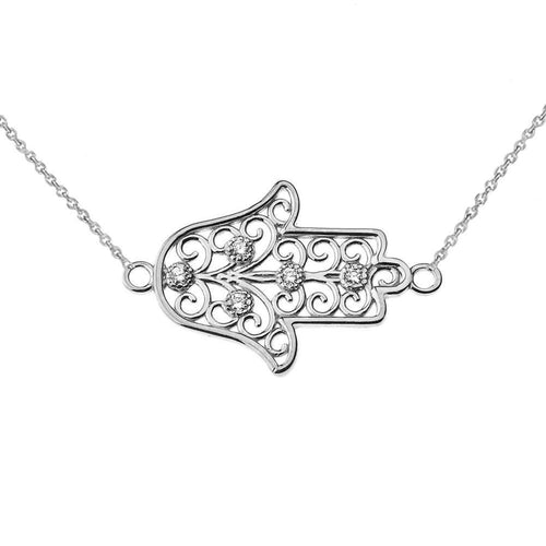 CaliRoseJewelry Sterling Silver Sideways Hamsa Hand Cubic Zirconia Pendant Necklace