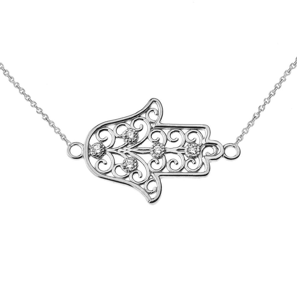 CaliRoseJewelry Sterling Silver Sideways Hamsa Hand Cubic Zirconia Pendant Necklace