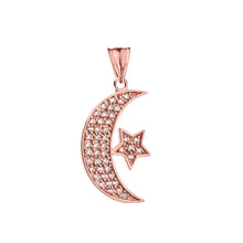 Load image into Gallery viewer, CaliRoseJewelry 10k Gold Crescent Moon and Star Symbol Cubic Zirconia Pendant