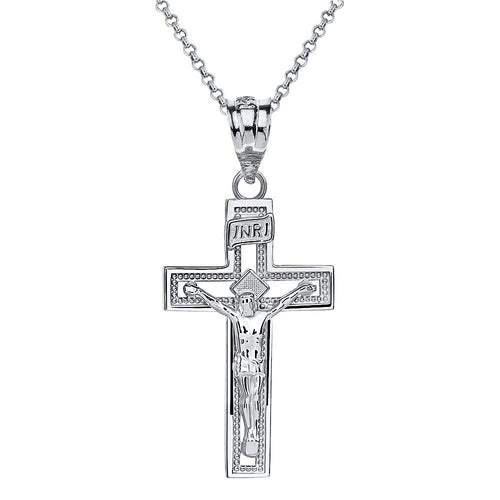 10k White Gold INRI Crucifix Cross Catholic Jesus Pendant Necklace