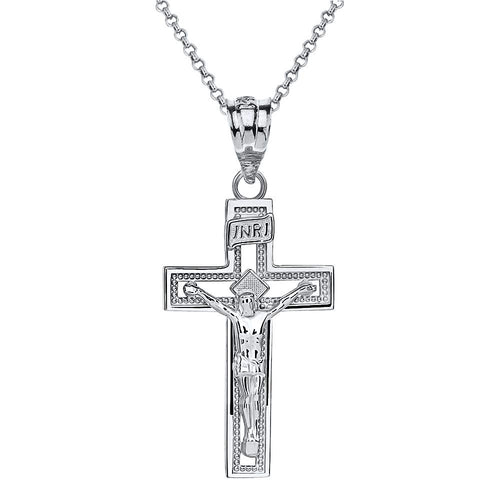 14k White Gold INRI Crucifix Cross Catholic Jesus Pendant Necklace