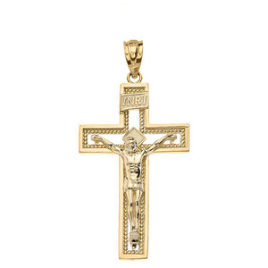14k Yellow Gold INRI Crucifix Cross Catholic Jesus Pendant